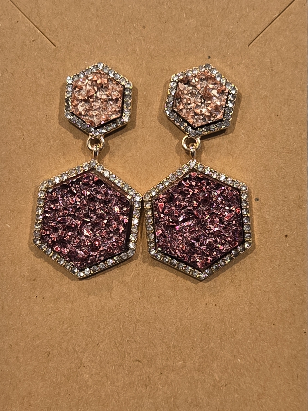 Hexagon Pink Crystal Drop Earrings - Unbranded